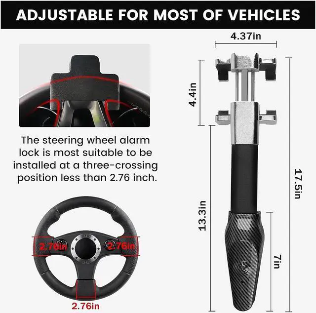 Alt view image 2 of 7 - Steering Wheel Lock with Alarm, Heavy Duty Car Anti Theft Lock Device, Compatible with Vehicle Truck, SUV, Van