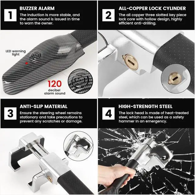 Alt view image 7 of 7 - Steering Wheel Lock with Alarm, Heavy Duty Car Anti Theft Lock Device, Compatible with Vehicle Truck, SUV, Van