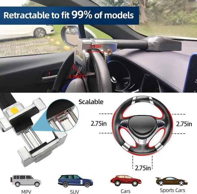 Alt view image 5 of 7 - Steering Wheel Lock with Car Alarm System, Anti Theft Car Device, Car Wheel Lock Car Theft Prevention Device with 130db Alarm, Universal Car Security for Truck/Auto/SUV/Van - 2 Keys