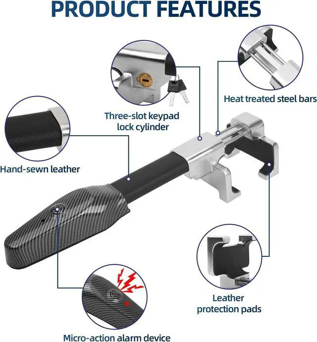 Alt view image 3 of 7 - Steering Wheel Lock with Car Alarm System, Anti Theft Car Device, Car Wheel Lock Car Theft Prevention Device with 130db Alarm, Universal Car Security for Truck/Auto/SUV/Van - 2 Keys