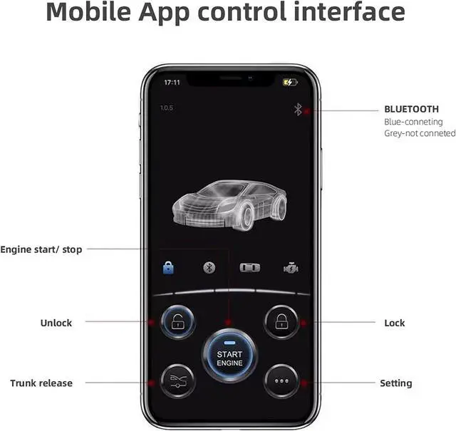 Alt view image 4 of 7 - Car Remote Start Stop Kit, 12V One-Key Engine Start Anti-Theft System, PKE Passive Keyless Entry with Push Button, Bluetooth Mobile Phone APP Control, Professional Installation Needed