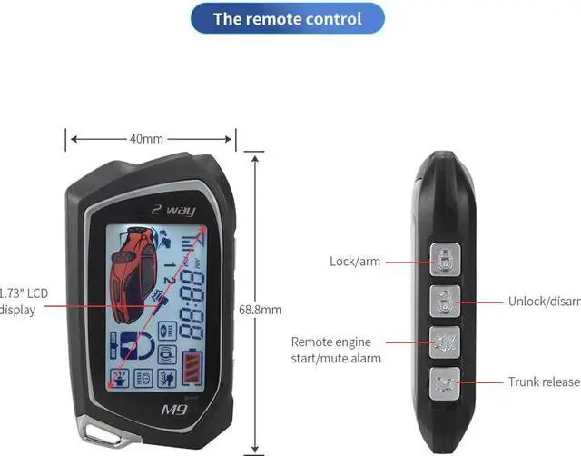 Alt view image 3 of 7 - EC207-M9 2 Way Car Alarm System with 1.73'' LCD Pager Display Push Start Button Remote Engine Timer Engine Start DC12V