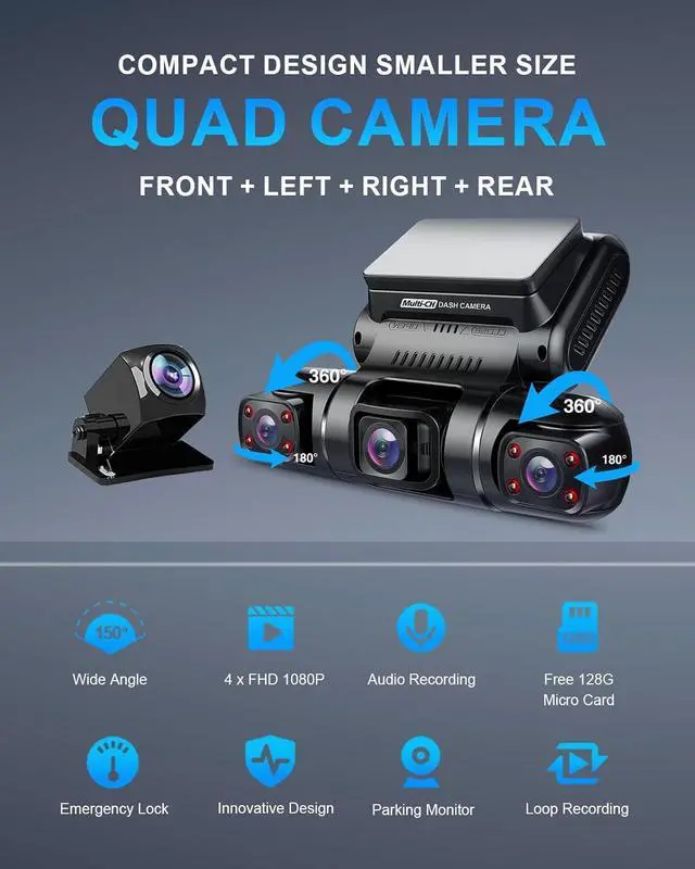 Alt view image 2 of 7 - 360 Degree View 4 Channel Dash Cam Front and Rear Inside Left Right, Dash Camera for Cars, Built-in GPS WiFi Night Vision, 24/7 Recording Parking Mode Monitor, Free 128G Card