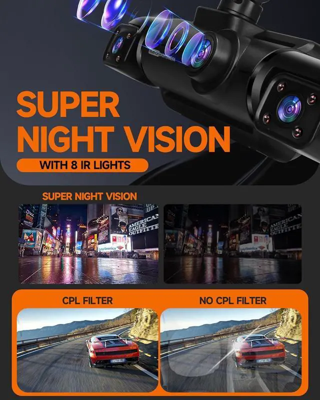 Alt view image 4 of 7 - 360° Dash Cam Front, Rear and Inside, 4 Channel 3K+3*1080P, 5GHz Wi-Fi GPS, Voice Control, 4K+1080P*2 Dash Camera for Cars, CPL Filter, Free 64GB SD Card, Night Vision, 24H Parking Mode(N700)