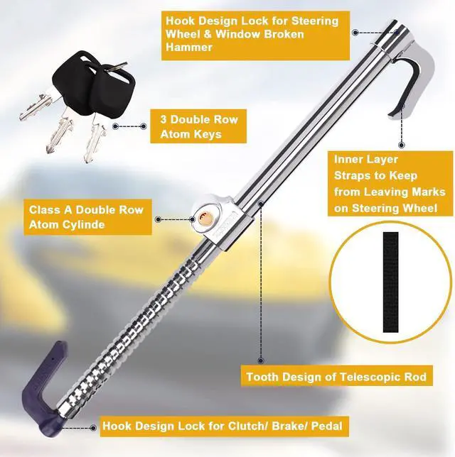 Alt view image 5 of 7 - Universal Steering Wheel Brake Lock Anti-Theft Retractable Double Hook Extended Car Lock Clutch Pedal Lock for Car Truck SUV Van Security with 3 Keys(Extended)