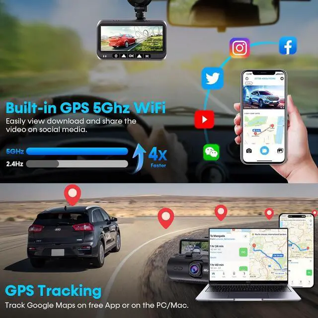 Alt view image 4 of 7 - Dash Cam Front and Rear: 4K Easy Setup Car Camera Built-in GPS 5G WiFi - Clear Night Vision Dash Camera with 3.16" Screen 24H Parking Mode USB Powered