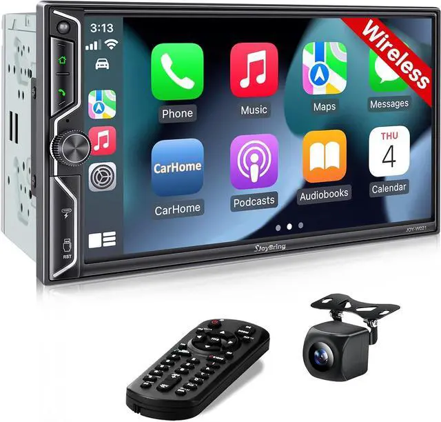 Main image of Double Din Car Radio with Wireless CarPlay and Android Auto, Bluetooth, 4.2-Channel Audio Output, MirrorLink, 7" HD QLED Touchscreen, Backup Camera, AM/FM Car Stereo