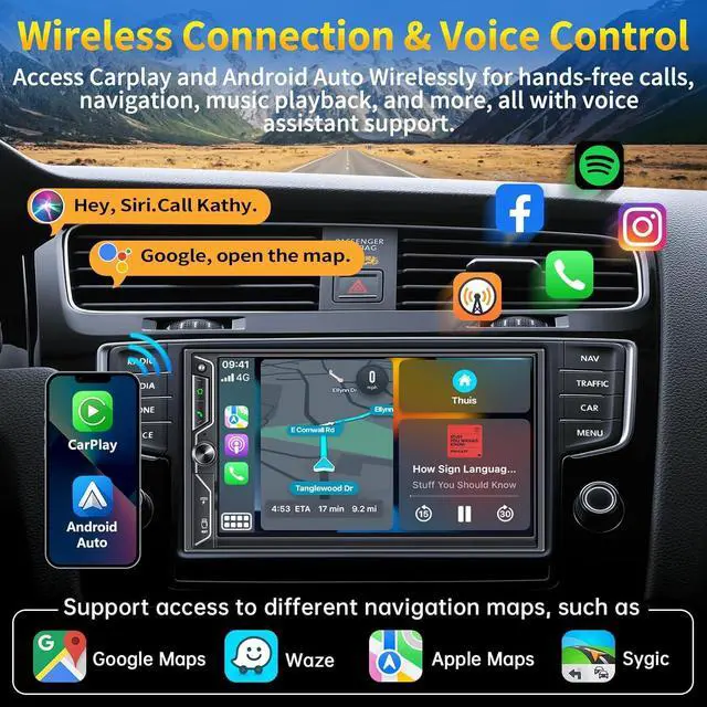 Alt view image 2 of 7 - Double Din Car Radio with Wireless CarPlay and Android Auto, Bluetooth, 4.2-Channel Audio Output, MirrorLink, 7" HD QLED Touchscreen, Backup Camera, AM/FM Car Stereo