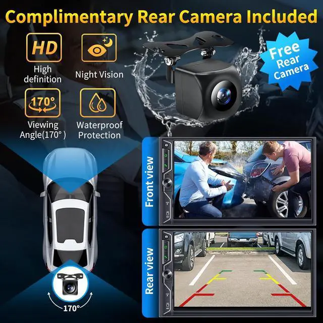 Alt view image 4 of 7 - Double Din Car Radio with Wireless CarPlay and Android Auto, Bluetooth, 4.2-Channel Audio Output, MirrorLink, 7" HD QLED Touchscreen, Backup Camera, AM/FM Car Stereo