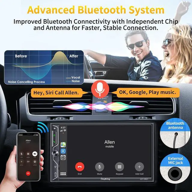 Alt view image 5 of 7 - Double Din Car Radio with Wireless CarPlay and Android Auto, Bluetooth, 4.2-Channel Audio Output, MirrorLink, 7" HD QLED Touchscreen, Backup Camera, AM/FM Car Stereo