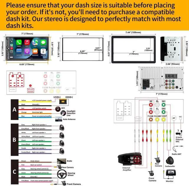 Alt view image 6 of 7 - Double Din Car Radio with Wireless CarPlay and Android Auto, Bluetooth, 4.2-Channel Audio Output, MirrorLink, 7" HD QLED Touchscreen, Backup Camera, AM/FM Car Stereo