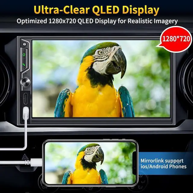 Alt view image 7 of 7 - Double Din Car Radio with Wireless CarPlay and Android Auto, Bluetooth, 4.2-Channel Audio Output, MirrorLink, 7" HD QLED Touchscreen, Backup Camera, AM/FM Car Stereo