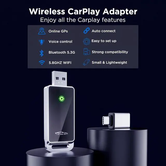 Alt view image 2 of 7 - Wireless CarPlay Adapter 2024 Upgrade, Plug and Play, No Latency, Converts Factory Wired to Wireless, Compatible with iPhone 6+ and 2015+ Cars, Bluetooth 2.4GHz and Wi-Fi 2.4+5.8GHz