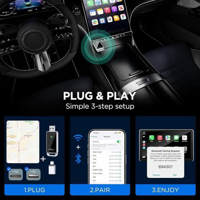 Alt view image 4 of 7 - Wireless CarPlay Adapter 2024 Upgrade, Plug and Play, No Latency, Converts Factory Wired to Wireless, Compatible with iPhone 6+ and 2015+ Cars, Bluetooth 2.4GHz and Wi-Fi 2.4+5.8GHz