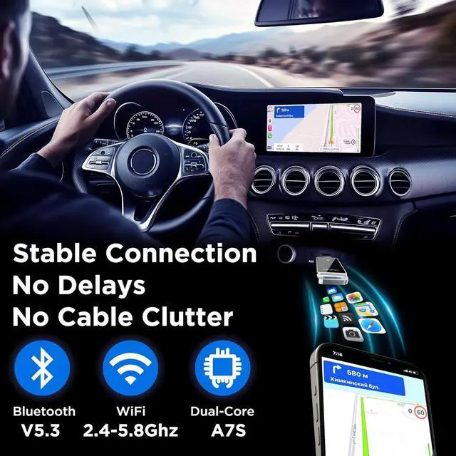 Alt view image 5 of 7 - Wireless CarPlay Adapter 2024 Upgrade, Plug and Play, No Latency, Converts Factory Wired to Wireless, Compatible with iPhone 6+ and 2015+ Cars, Bluetooth 2.4GHz and Wi-Fi 2.4+5.8GHz