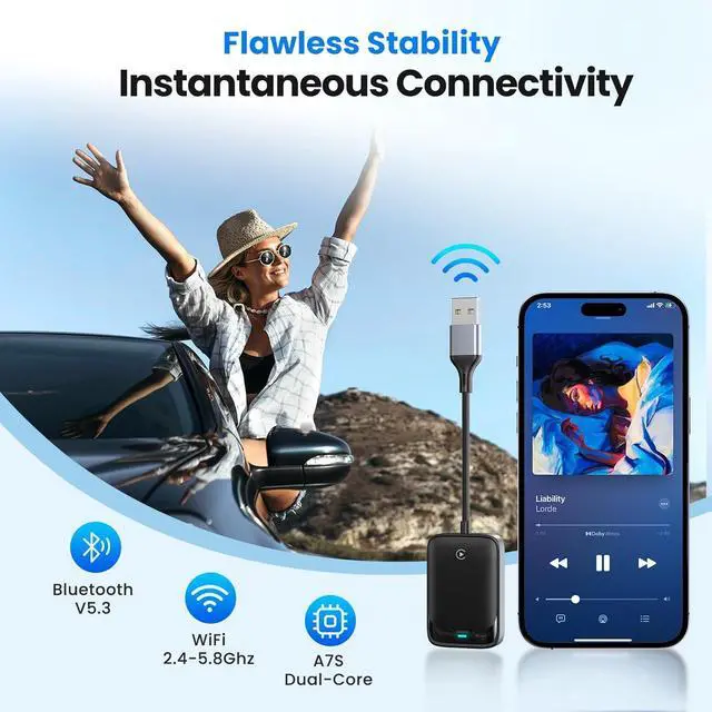Alt view image 5 of 7 - Wireless CarPlay Adapter for iPhone, Converts Wired to Carplay Wireless Adapter, Compatible with iOS 10+ and Cars from 2016, Mini Size, Plug and Play, Stable Control