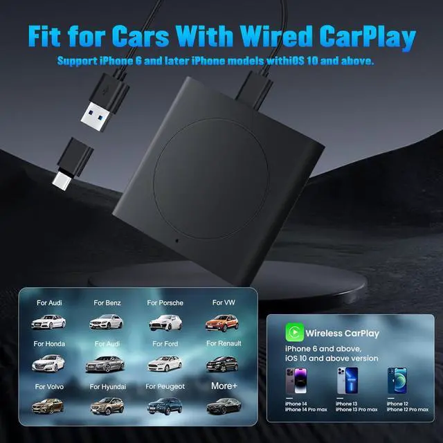 Alt view image 6 of 6 - Wireless CarPlay Adapter 2024 Upgrade Bluetooth Car Play Adapter Plug and Play Car Adapter Converts Wired to Wireless CarPlay Car Control Adapter Stable Connection No Latency for iPhone iOS10+