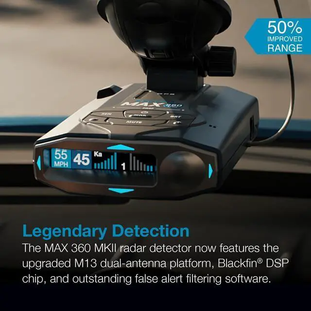 Alt view image 2 of 7 - MAX 360 MKII Radar and Laser Detector Bluetooth Enabled, 360° Directional Arrows, Exceptional Range, Shared Alerts, CarPlay and Android Auto Compatible, Black