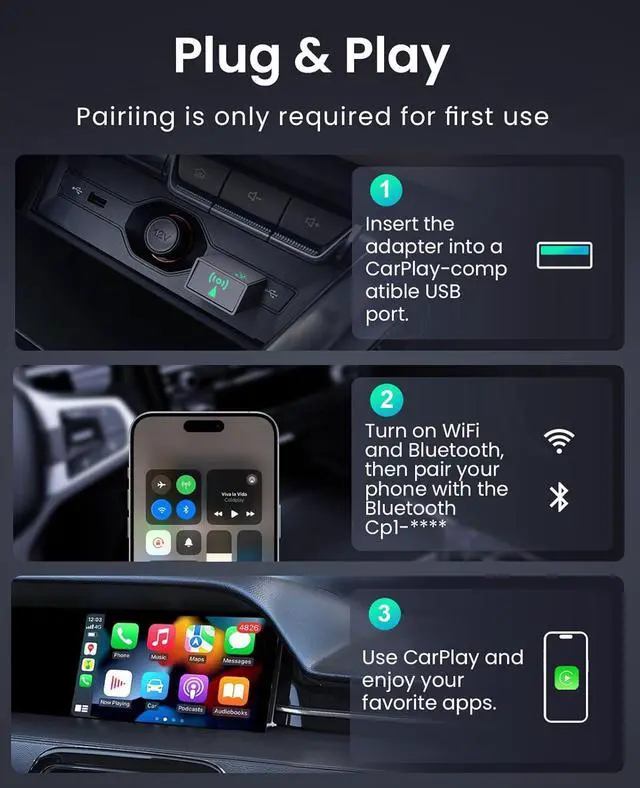 Alt view image 4 of 7 - Wireless CarPlay Adapter for Plug & Play Stable Connection Converts Wired CarPlay to Wireless - Super Mini CarPlay Adapter for Cars from 2016 & iOS 10+ USB A Dark Grey