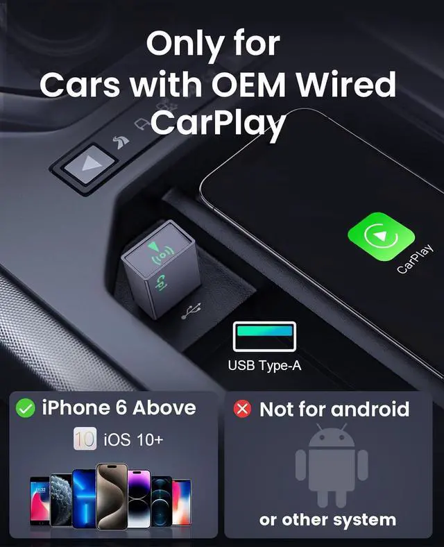 Alt view image 5 of 7 - Wireless CarPlay Adapter for Plug & Play Stable Connection Converts Wired CarPlay to Wireless - Super Mini CarPlay Adapter for Cars from 2016 & iOS 10+ USB A Dark Grey