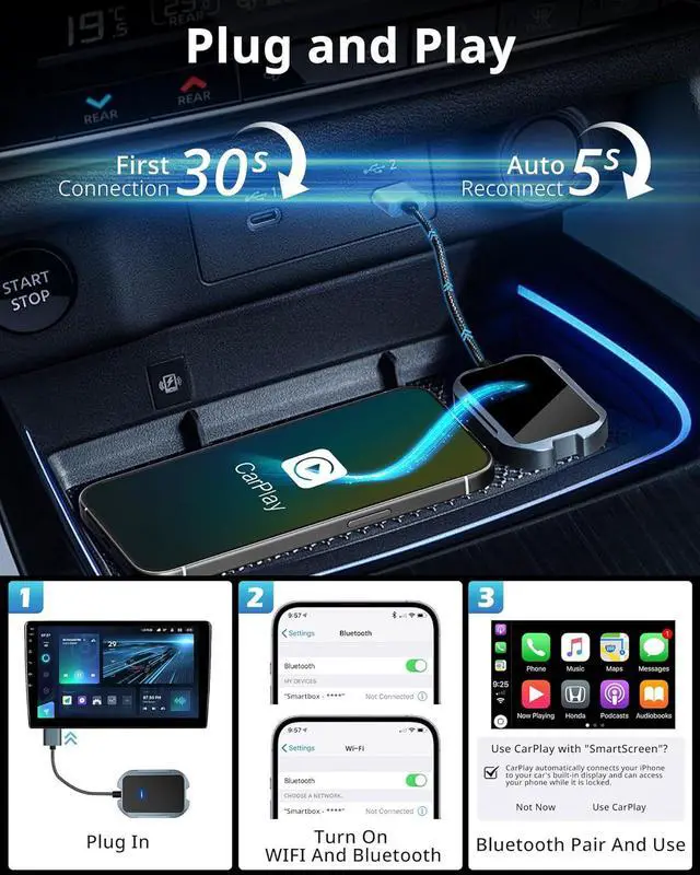 Alt view image 3 of 6 - Wireless CarPlay Adapter for Easy Conversion from Wired to Wireless in 2017 and Newer Cars, Compatible with iPhone 6 and Above, iOS 10 and Above, and Android 11 and Above