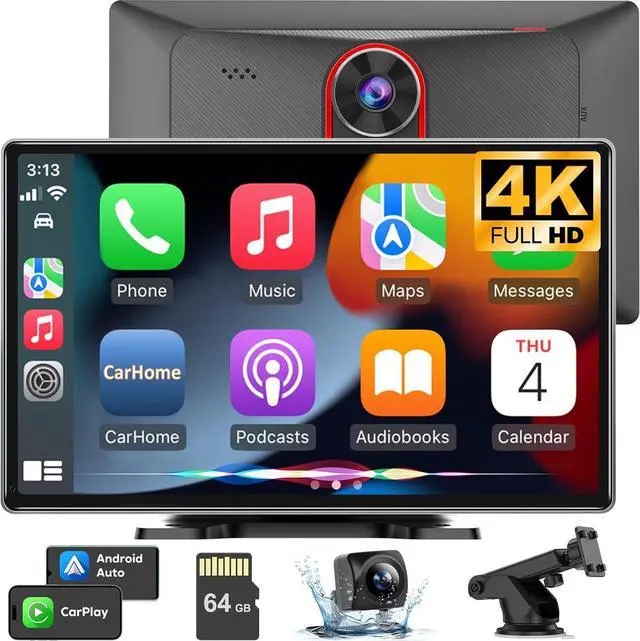 Main image of Wireless Car Play with 4K Dash Cam, 9'' Portable Carplay & Android Auto Car Stereo, Carplay Screen with 1080p Backup Camera, GPS Navigation/Mirror Link/Voice Control/Bluetooth/Touchscreen