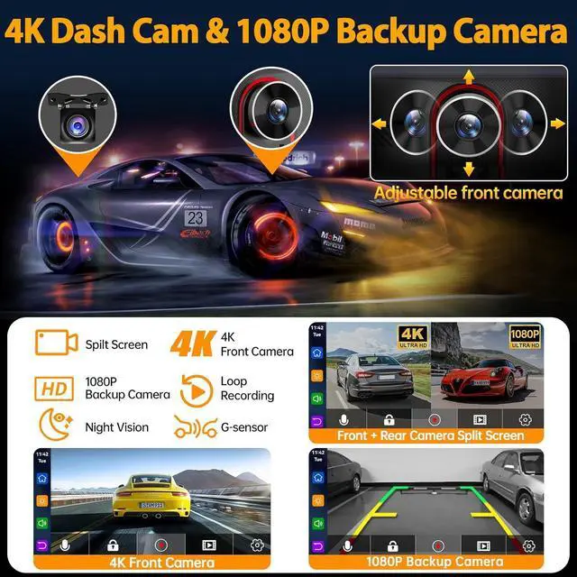 Alt view image 3 of 7 - Wireless Car Play with 4K Dash Cam, 9'' Portable Carplay & Android Auto Car Stereo, Carplay Screen with 1080p Backup Camera, GPS Navigation/Mirror Link/Voice Control/Bluetooth/Touchscreen