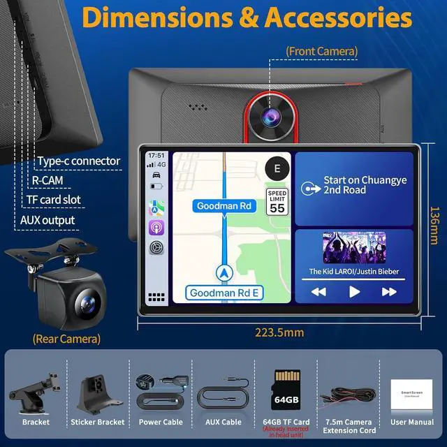 Alt view image 7 of 7 - Wireless Car Play with 4K Dash Cam, 9'' Portable Carplay & Android Auto Car Stereo, Carplay Screen with 1080p Backup Camera, GPS Navigation/Mirror Link/Voice Control/Bluetooth/Touchscreen