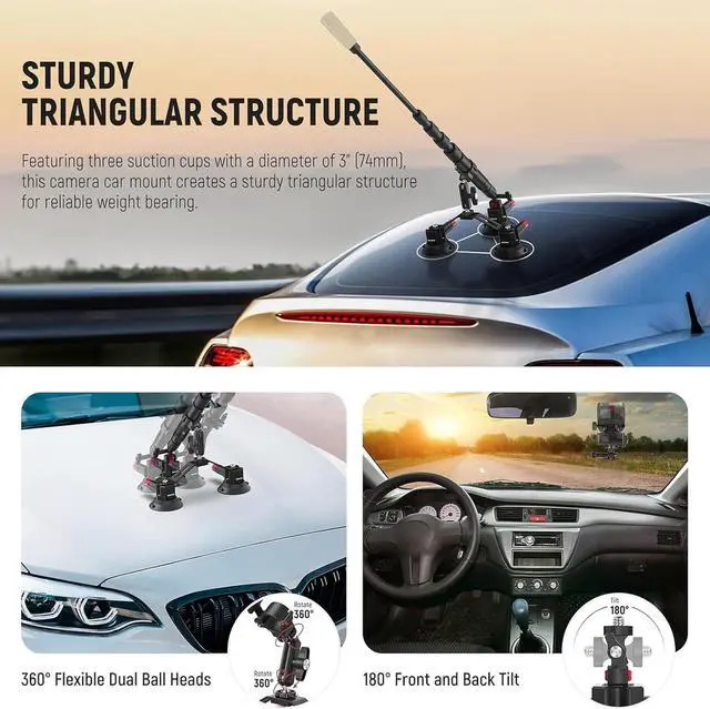 Alt view image 4 of 7 - Triple Suction Cup Car Mount Kit with 2in1 Extension Pole/Selfie Stick, Quick Release Outside Windshield Magic Arm Camera Mount with Action Camera Adapter Compatible with GoPro Insta360, CA065