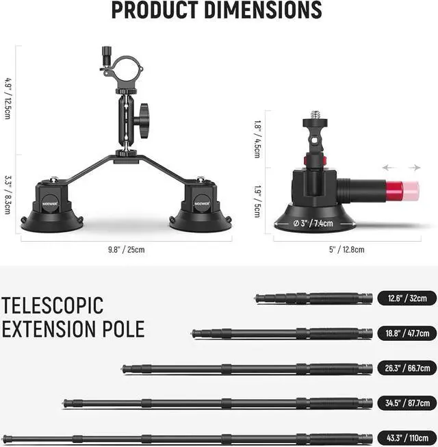 Alt view image 5 of 7 - Triple Suction Cup Car Mount Kit with 2in1 Extension Pole/Selfie Stick, Quick Release Outside Windshield Magic Arm Camera Mount with Action Camera Adapter Compatible with GoPro Insta360, CA065