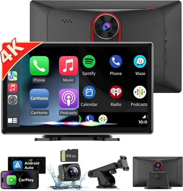 Main image of Portable Wireless Carplay Screen for Car, Android Auto Plug In Car Play Car Stereo Touchscreen, FM Transmitter Bluetooth, 4K Dash Cam, G-Sensor, Brightness Adjustment, 1080P Backup Camera