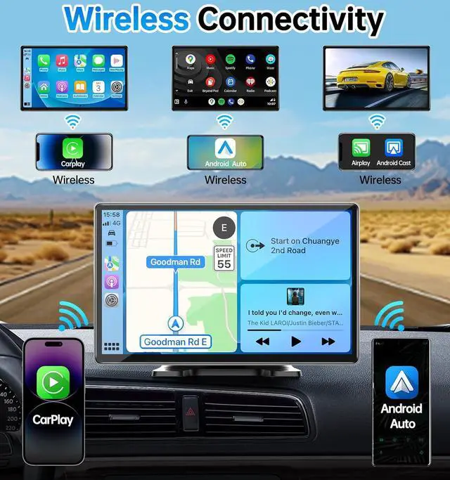 Alt view image 2 of 7 - Portable Wireless Carplay Screen for Car, Android Auto Plug In Car Play Car Stereo Touchscreen, FM Transmitter Bluetooth, 4K Dash Cam, G-Sensor, Brightness Adjustment, 1080P Backup Camera