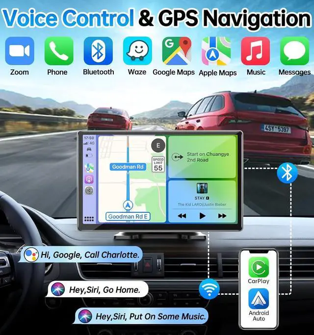 Alt view image 5 of 7 - Portable Wireless Carplay Screen for Car, Android Auto Plug In Car Play Car Stereo Touchscreen, FM Transmitter Bluetooth, 4K Dash Cam, G-Sensor, Brightness Adjustment, 1080P Backup Camera