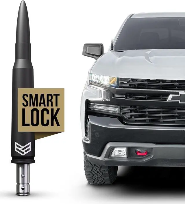 Main image of Bullet Antenna Chevy Silverado & GMC Sierra Trucks - 50 Cal Truck Antenna Accessories - Anti Theft - Carwash Safe - Short Replacement Antenna for Truck (SmartLock)