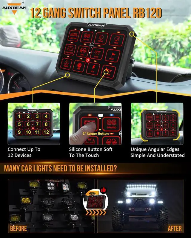Alt view image 2 of 7 - 12 Gang Switch Panel RB120 Toggle Momentary Pulsed RGB Dimmable Switch Panel Multifunction Switch Panel Two Sided Output Marine Switch Panel IP65 Waterproof for Car Boat RV, 2 Years Warranty