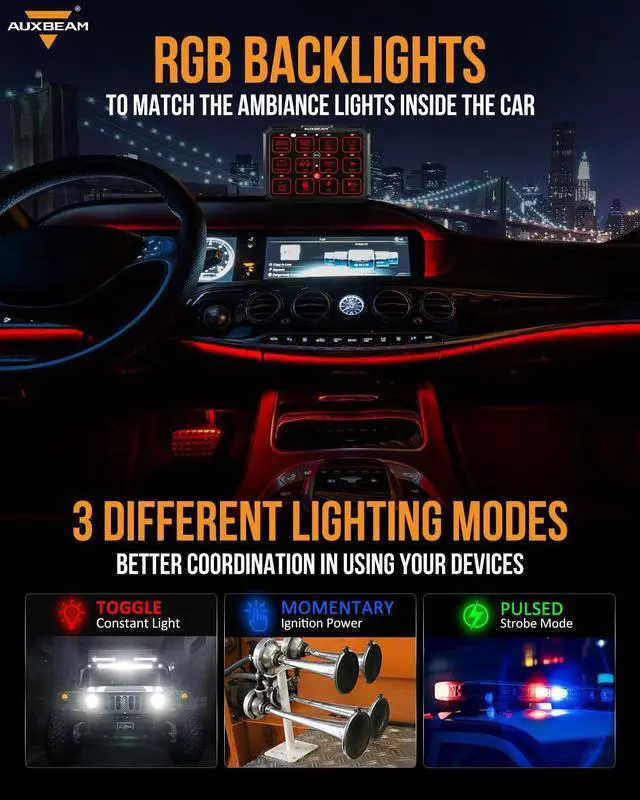 Alt view image 3 of 7 - 12 Gang Switch Panel RB120 Toggle Momentary Pulsed RGB Dimmable Switch Panel Multifunction Switch Panel Two Sided Output Marine Switch Panel IP65 Waterproof for Car Boat RV, 2 Years Warranty