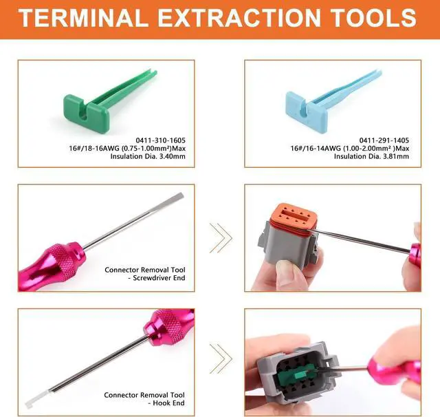 Alt view image 6 of 7 - Deutsch Connectors Kit 635PCS - 2/3/4/6/8/12 Pin DT Connectors with Removal Tool, Size 16 Solid Terminal Contacts - 14-18 AWG for Automotive Application