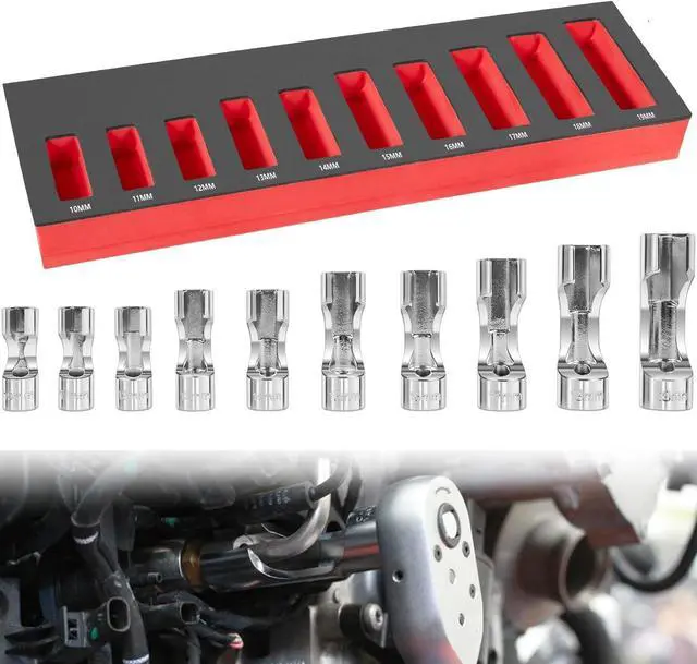 Main image of 12030 Flare Nut Socket Set Fit 3/8" Metric Square Drive, 10-19mm, 10 pc, Diesel Injector Fuel Line Socket Wrench Set for Use in Narrow Areas