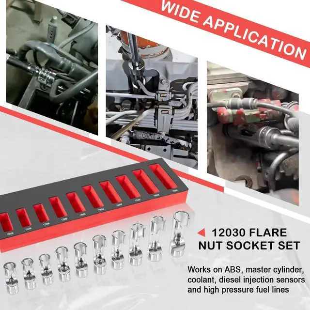 Alt view image 2 of 7 - 12030 Flare Nut Socket Set Fit 3/8" Metric Square Drive, 10-19mm, 10 pc, Diesel Injector Fuel Line Socket Wrench Set for Use in Narrow Areas