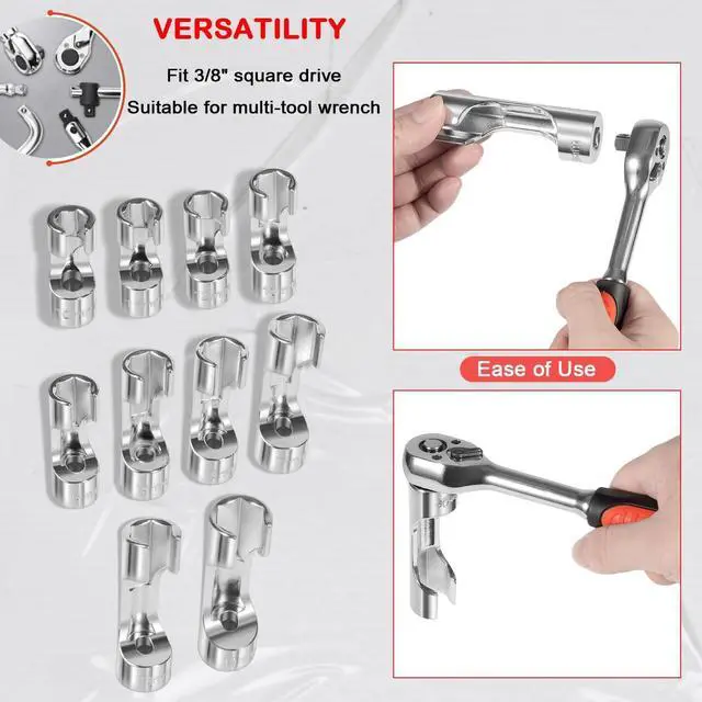 Alt view image 3 of 7 - 12030 Flare Nut Socket Set Fit 3/8" Metric Square Drive, 10-19mm, 10 pc, Diesel Injector Fuel Line Socket Wrench Set for Use in Narrow Areas