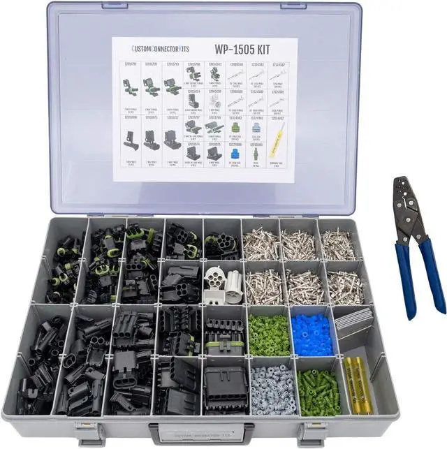 Main image of Weather Pack Pro Connector Kit WP-1505 with 20-14 AWG Crimp Tool: Sealed Weatherproof Automotive Electrical Connectors 20-12 Gauge 1505 Piece Kit with T-18 Crimp Tool