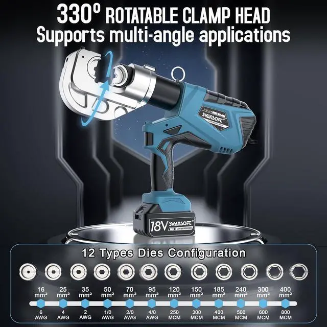 Alt view image 2 of 6 - Electric Hydraulic Crimping Tool, 12Ton 6AWG-800MCM Rechargeable Hydraulic Crimper for Cu/Al Terminal, Continuously Crimp Wire Cable Lug Crimping Tool Kit with 12 Dies (HCT-400A)