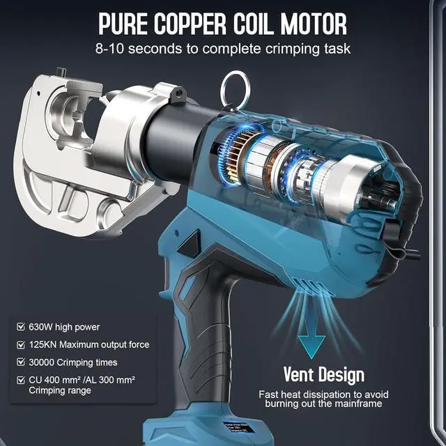 Alt view image 3 of 6 - Electric Hydraulic Crimping Tool, 12Ton 6AWG-800MCM Rechargeable Hydraulic Crimper for Cu/Al Terminal, Continuously Crimp Wire Cable Lug Crimping Tool Kit with 12 Dies (HCT-400A)