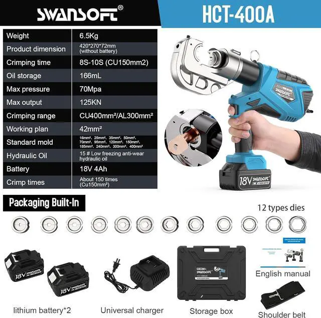 Alt view image 6 of 6 - Electric Hydraulic Crimping Tool, 12Ton 6AWG-800MCM Rechargeable Hydraulic Crimper for Cu/Al Terminal, Continuously Crimp Wire Cable Lug Crimping Tool Kit with 12 Dies (HCT-400A)