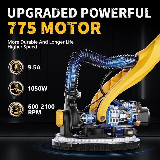 Alt view image 2 of 7 - 1050W Electric Drywall Sander with Vacuum Dust Collection, 2100RPM Wall Sander with 7 Variable Speed, Foldable & Extendable Handle, Double-Deck LED Light, Dust Bag and Hose