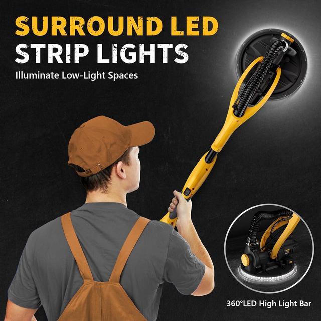 Alt view image 4 of 7 - 1050W Electric Drywall Sander with Vacuum Dust Collection, 2100RPM Wall Sander with 7 Variable Speed, Foldable & Extendable Handle, Double-Deck LED Light, Dust Bag and Hose