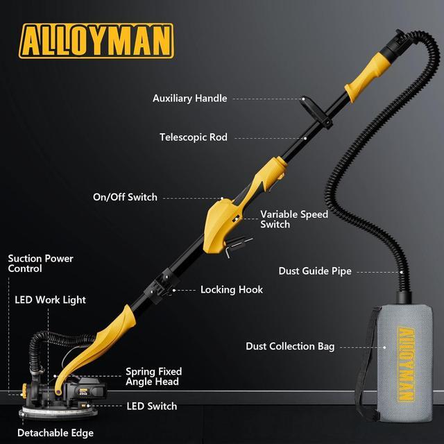 Alt view image 6 of 7 - 1050W Electric Drywall Sander with Vacuum Dust Collection, 2100RPM Wall Sander with 7 Variable Speed, Foldable & Extendable Handle, Double-Deck LED Light, Dust Bag and Hose