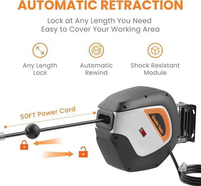 Alt view image 3 of 7 - DE14 Retractable Extension Cord Reel 50 ft 14/3AWG Power Storage Wall/Ceiling Mount, Lighted Triple Tap Outlet, 50ft, Black Orange and 14AWG 50FT