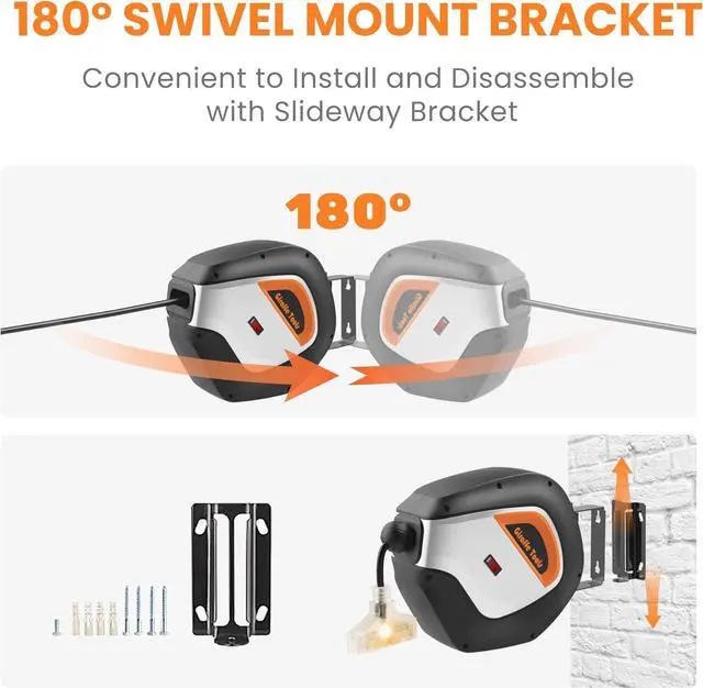 Alt view image 6 of 7 - DE14 Retractable Extension Cord Reel 50 ft 14/3AWG Power Storage Wall/Ceiling Mount, Lighted Triple Tap Outlet, 50ft, Black Orange and 14AWG 50FT