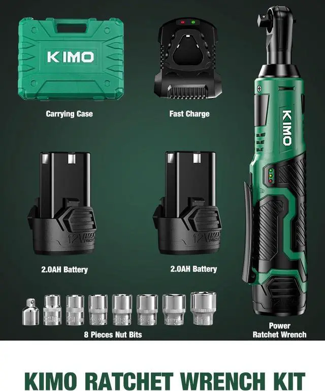 Alt view image 6 of 7 - Cordless Electric Ratchet Wrench Set, 40 Ft-lbs, 400 RPM, 12V Cordless Ratchet Wrench 3/8" w/ 60-Min Charger, 7 Sockets, 1/4" adapter, 2-Pack 2000mAh Lithium-Ion Batteries, Variable Speed Trigger